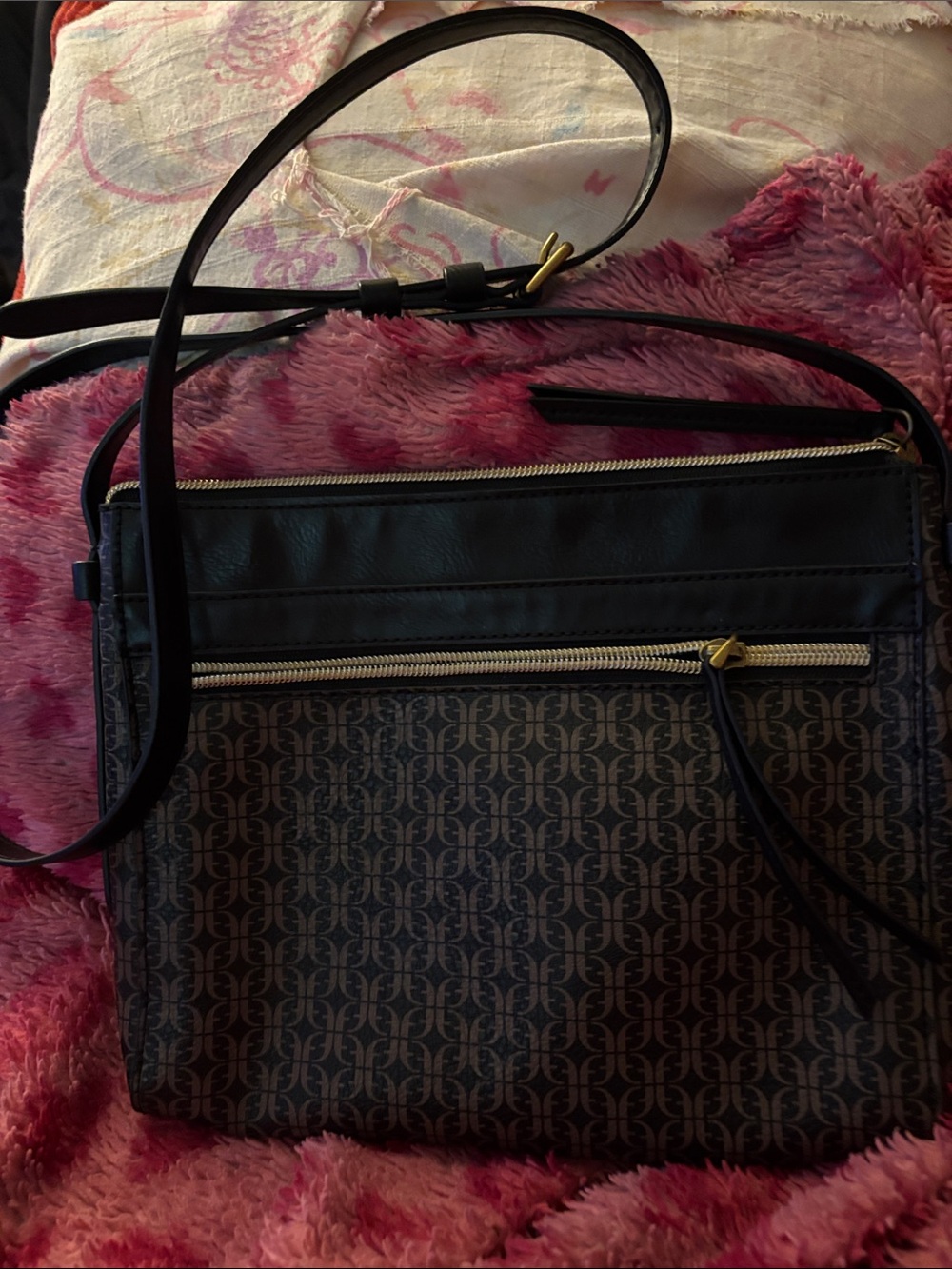 Fossil Black Patterned Crossbody Bag with Gold Accents
